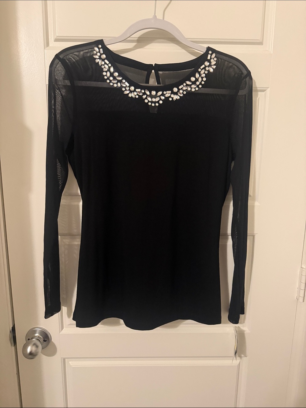 INC International Concepts Black Long-Sleeve Mesh Top with Jewel Collar